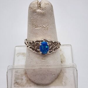 Ladies Size 9 Sterling Silver Filigree Ring With Prong Set Blue Lab Fire Opal
